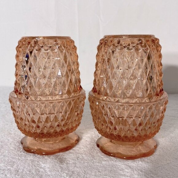 Indiana Glass Other - Vintage Indiana Glass Diamond Point Pink Textured Glass Fairy Lamps X2